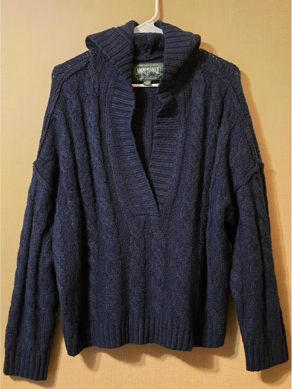 American Eagle Navy Blue Cable Knit Hooded Sweater V-Neck Oversized Slouchy L